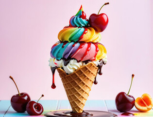 there is a cone with ice cream, cherries, and other toppings