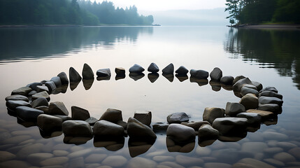 Show me a picture of stones forming a circle around a tranquil lake.