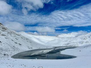Winter view of Duchessa lake, in Italian Lago della Duchessa with snow in Lazio region, Italy - 744999596