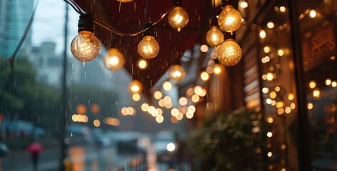 dramatic rain sky backdrop, bathed in the soft and muted glow of cafe lights, creating a cozy and comforting ambiance during urban rainfall - obrazy, fototapety, plakaty