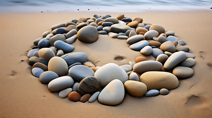 Fototapeta na wymiar Show me a picture of stones on a sandy beach, shaped by the tide.
