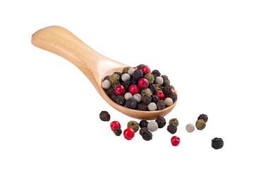 Different peppers in a wooden spoon isolated on a white background. The concept of spices for cooking
