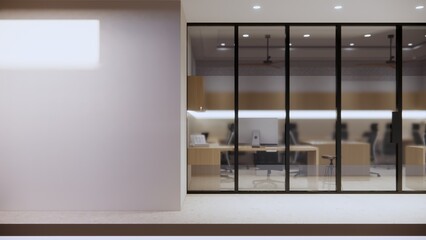 Office interior, stylish open space with gray walls and wood, tiled floor, panoramic window with city view and row of gray and wooden computer desks, hallway with open door. 3D rendering.