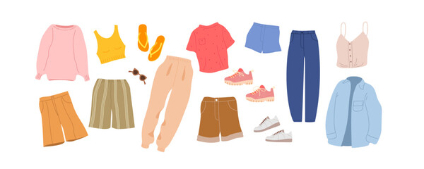 Summer outfit, shorts, trousers, tops, footwear. Fashion modern casual clothes for vacation, gym, spring, summer trendy cartoon vector illustration isolated on white background. Fashion clothes set