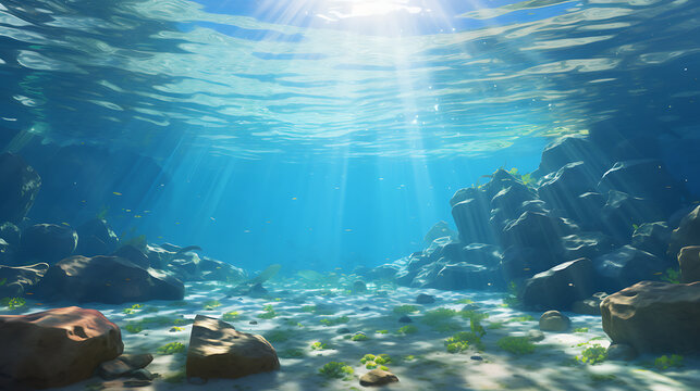 Show me a picture of underwater stones shimmering in the sunlight.