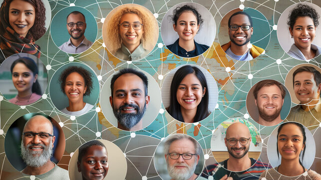 a diverse group of people from around the world collaborating virtually on a project, symbolizing the global reach and connectivity of internet networking High-resolution photography