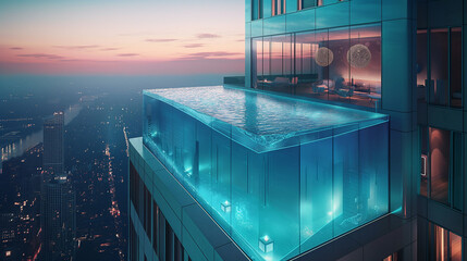 night city view apartment with large pool