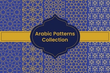 Collection of Golden Arabic Patterns on Purple Background, Vector