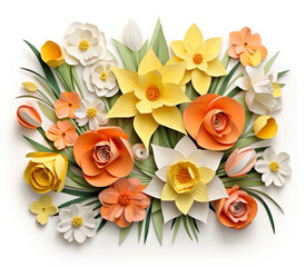 A garden of daffodils and tulips, in the style of 3D paper flowers, pastel retro colors, white background.