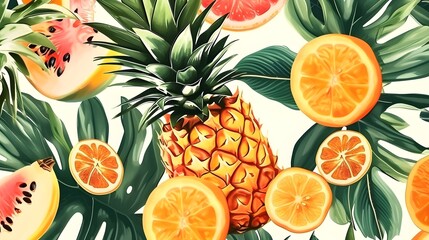 Tropical Fruit Pattern: Pineapple, Oranges, and Exotic Fruits with Green Leaves