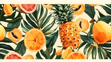 Vibrant Fruit Pattern: Pineapple, Oranges, and Tropical Fruits on White