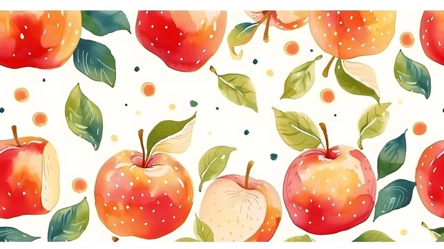 Vivid Apple Art: Painting of Fruit, Leaves, and Dots on White Background