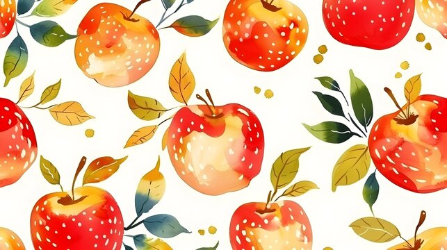 Whimsical Apple Painting: Fruit and Leaves on White with Green Accents