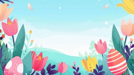 Vector graphic with flat design showcasing Easter elements like eggs, tulips, and customizable space.