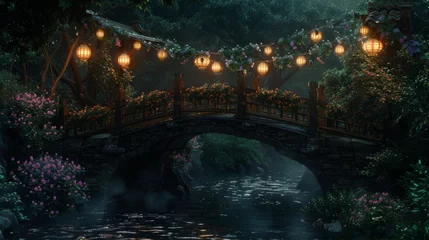  A bridge over a river with lanterns hanging over it © Maria Starus