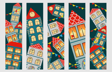 Set bookmarks with hand drawn european city.  Cuzy town houses with red roof.