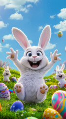 A white rabbit is surrounded by easter eggs