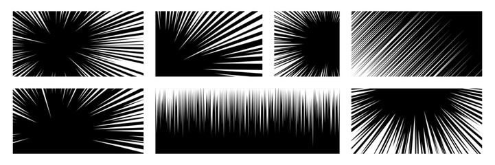 Anime cartoon explosion lines background set. Rectangle and square manga frame template. Vector illustration.
