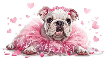 A dog wearing a pink tutu and a pink dress