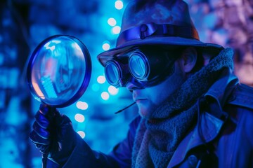 A detective in an extraterrestrial uniform using a levitating magnifier - obrazy, fototapety, plakaty
