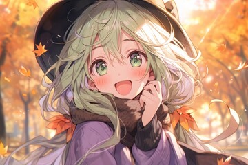 紅葉と笑顔の女の子,Generative AI AI画像