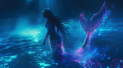 A mythical being resembling a neon infused mermaid dwelling in the depths of the ocean - obrazy, fototapety, plakaty