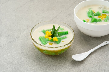 Es Bongko, traditional food made from hunkwe flour, pandan leaves, coconut milk. Indonesian food
