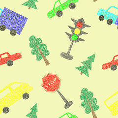 Seamless pattern with hand drawn cars on yellow background in childrens naive style.