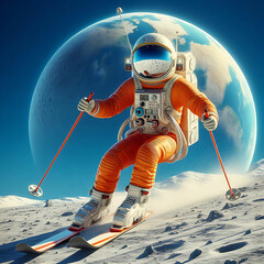 Space image of an astronaut skiing on the moon with Earth in the background