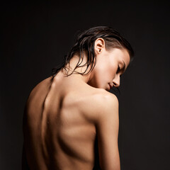 Naked Female back. young wet woman
