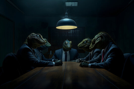 reptile men in business suits sitting at the table in dark room, secret world government concept