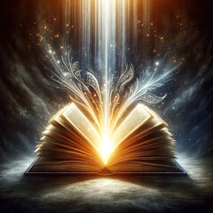 A book opens, revealing a bright light, symbolizing knowledge, enlightenment, and a new journey.