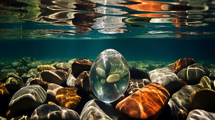 Show me stones beneath crystal-clear water, creating a surreal effect.