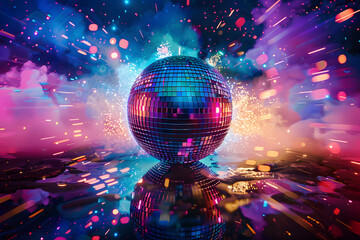 Colorful bright disco ball, unreal trippy rave party