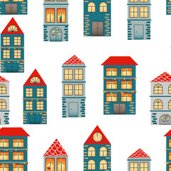 Seamless pattern with hand drawn  city. Many cute different houses with red roof on white background. Design for fabric, packaging paper, cover, banner, poster.