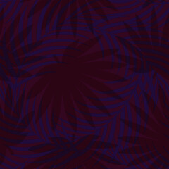Seamless pattern with hand drawn tropical blue palm leaves on purple background.