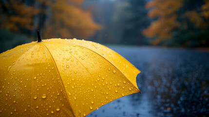 Close up, yellow umbrella under rainfall against a background of autumn leaves. Concept of rainy weather.