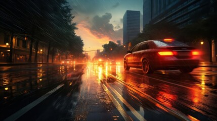 dramatic rain sky composition, bathed in the soft and cinematic glow of car headlights, capturing the intensity and movement of a rainy urban night
