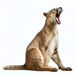 cougar stretching its legs with its tail raised, cute relaxed posture, white background,