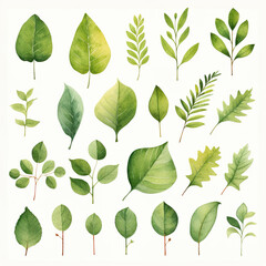 Fototapeta premium watercolor leaves in different sizes, in the style of animated mosaics, white background,