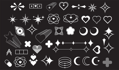 Set of abstract isolated retro futuristic geometric elements in y2k style. Collection with symbols and shapes for template, poster, web, landing page, stickers 