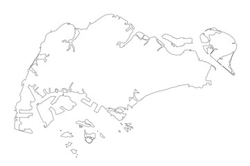 Singapore border map outline sketch isolated on white. Thin hand drawn black line contour. Vector clipart for banner background design, geography, travel or Singaporean events illustration.