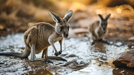 Foto op Canvas dynamic image featuring playful kangaroo joeys in a mud pool, emphasizing their small size and bouncy play © Tina