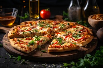 Delicious mozzarella cheese pizza with fresh tomato slices on elegant black background
