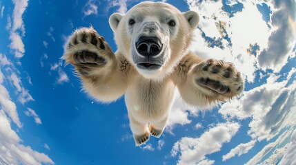 Obraz premium Polar bear jumping down against a blue sky. Animal in the air in motion