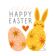 Colored vector illustration with rabbit, egg, stars and lettering text Happy Easter. Cute typography poster for spring holiday, greeting card template - 745003739