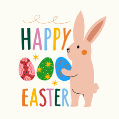 Colored vector illustration with rabbit, eggs, stars and lettering text Happy Easter. Cute typography poster for spring holiday, greeting card template - 745003759