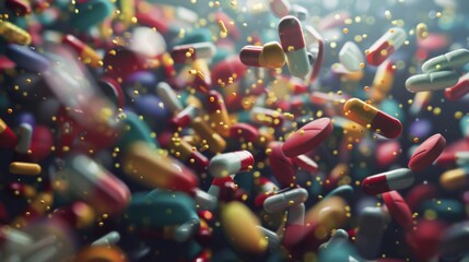 Macro shot of multicolored medicines scattered reflecting the vital role of drugs in healthcare - obrazy, fototapety, plakaty