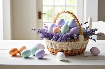 Basket full of lavender and soft pastel easter eggs. Soft light from the glass door, natural colors