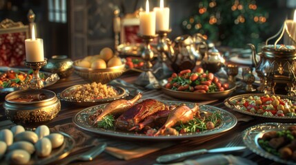 Traditional ramadan Feast Setup with Ornate Dishware and a Variety of Middle Eastern Foods
